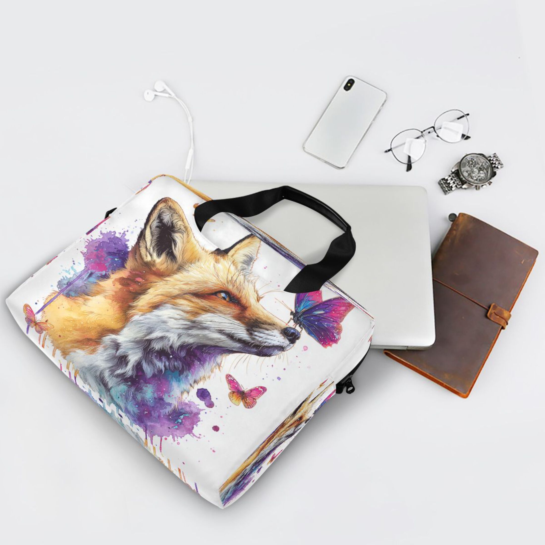 16" Laptop Tote Bag Laptop Sleeve Case Computer Briefcase for Work & Travel Fox and Butterflies