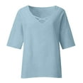 thumbnail image 4 of ZyeKqe 3/4 Length Sleeve Womens Tops Cotton Linen Criss Cross V Neck T Shirts Side Split Loose Fitted Tunic Tops Blouses, 4 of 5