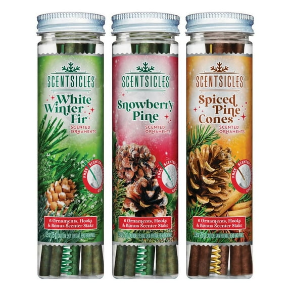 Scentsicles White Winter Fir, Snowberry Pine and Spiced Pine Cones Christmas Tree Ornaments 3 Pack, 6 Sticks and Hooks per Bottle