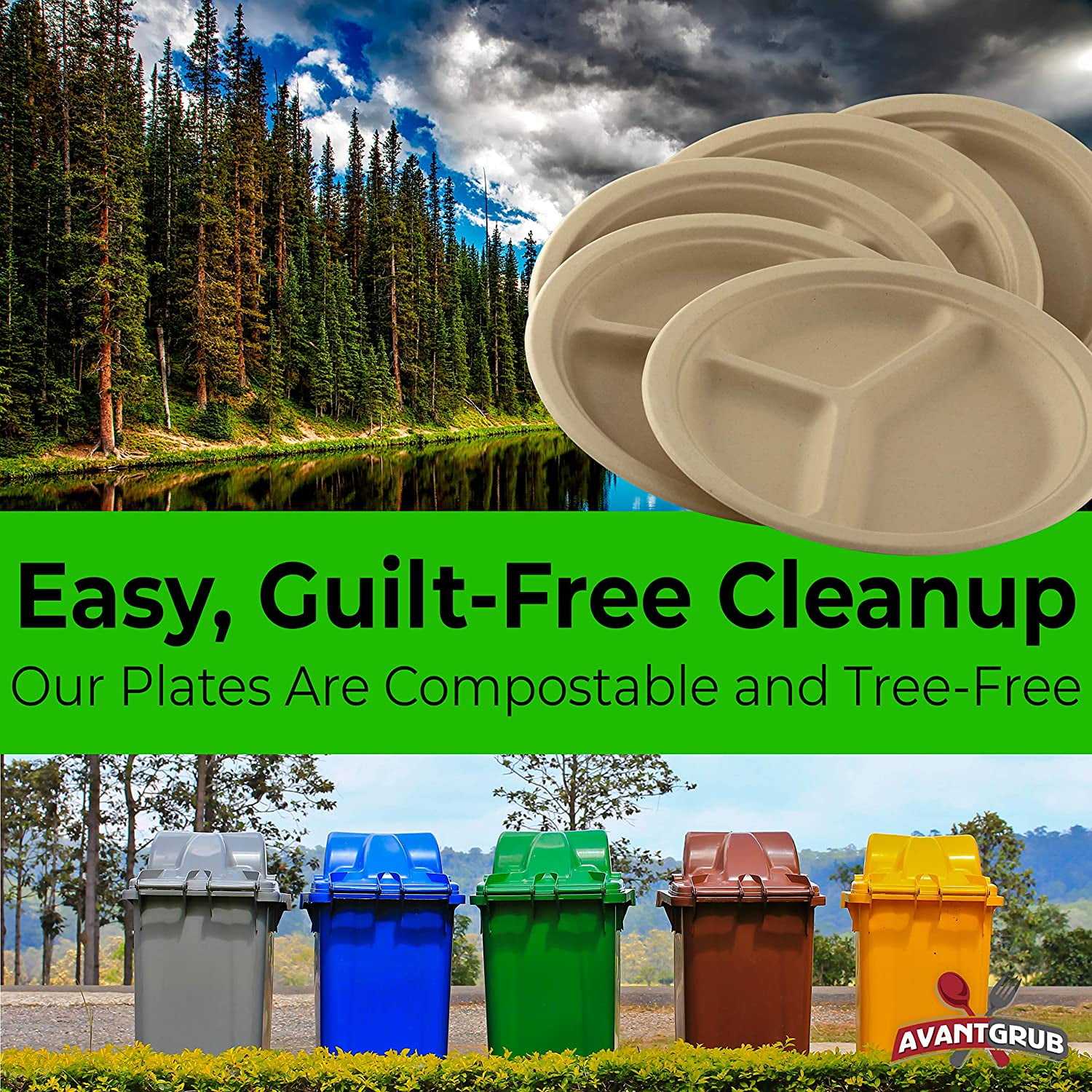Avant Grub 9" Earth-Friendly Compartment Disposable Dinner Plates, 100 Pack