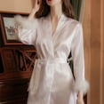 thumbnail image 6 of Women's Nightgown - Faux Fur Trim, Adjustable Waist Tie, Satin V Neck, Imitation Silk Sleepwear, 6 of 8
