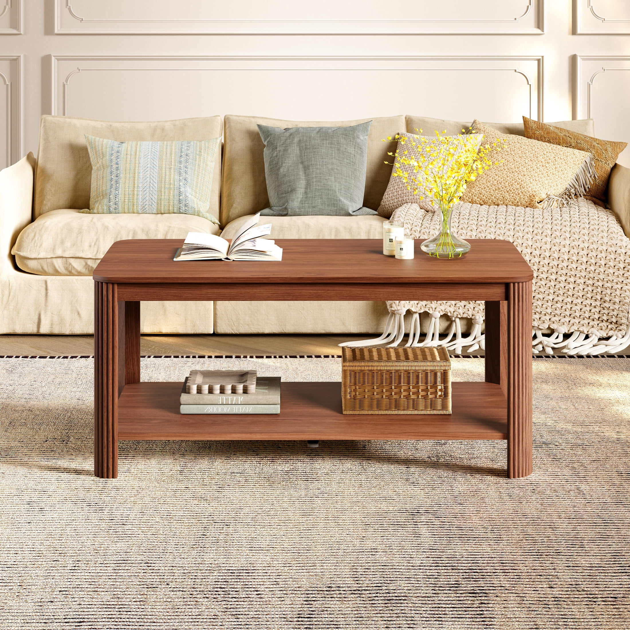 Noble House 39.4" Rectangular Coffee Table with 2-Tier Storage Shelf, Vertical Wave Grain Legs, Walnut