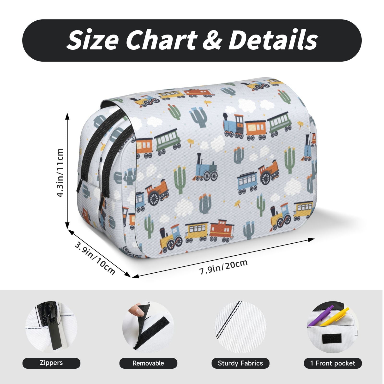 Rateoe Trains And Cactuse Pattern Double Clamshell Pen Case, Storage Organizer with Two Zipper Compartments– Holds Up to 50 Pencils & Pens