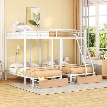 Metal Triple Bunk Bed with Drawers and Middle Table Can Be Convertible into 3 Beds  Bunkbed for 3 Metal Bed Frame with Ladder & Safety Guardrails & Slats Support  No Box Spring Needed  White