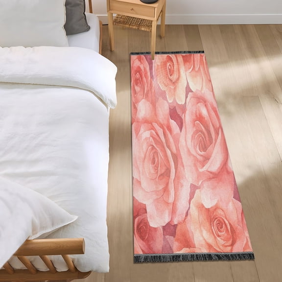 Bed Long Carpet Bed Rug 72x23.5In Indoor Non-Slip Durable Carpet Floor Mat Runner Rug Bedroom Hallway Carpet Machine Washable Cartoon Pink Roses