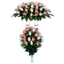 Sympathy Silks Artificial Cemetery Flowers Pink and Cream Rose Buds Bouquet & Saddle