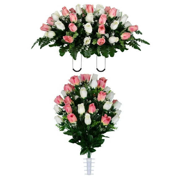 Sympathy Silks Artificial Cemetery Flowers Pink and Cream Rose Buds Bouquet & Saddle
