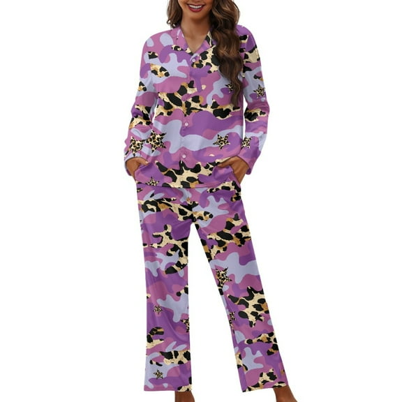 Kuiaobaty Leopard Print Women's Pajamas Set of 2 Long Sleeve Button Down Sleepwear Set Soft Pjs Loungewear Tops and Pants Set with Pockets, Size M