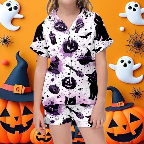 BOOMNY Halloween Girls 2 Peice Pajamas Sets Hallowmas Pumpkin Ghost Graphic Short Sleeve Buttons Sleepwear Tops Shorts Pjs Set for Kids Cozy Loungewear Homewear