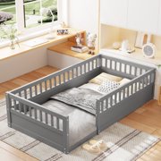 PAPROOS Twin Floor Bed Frame with Fence, Wood Kids Twin Size Bed Frame for Bedroom Playroom, Modern Montessori Floor Bed for Girls Boys, Gray