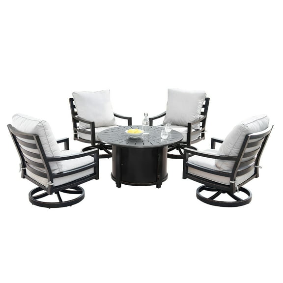 Aluminum 44-in Round Patio Fire Table Set with Swivel Rocking Chairs