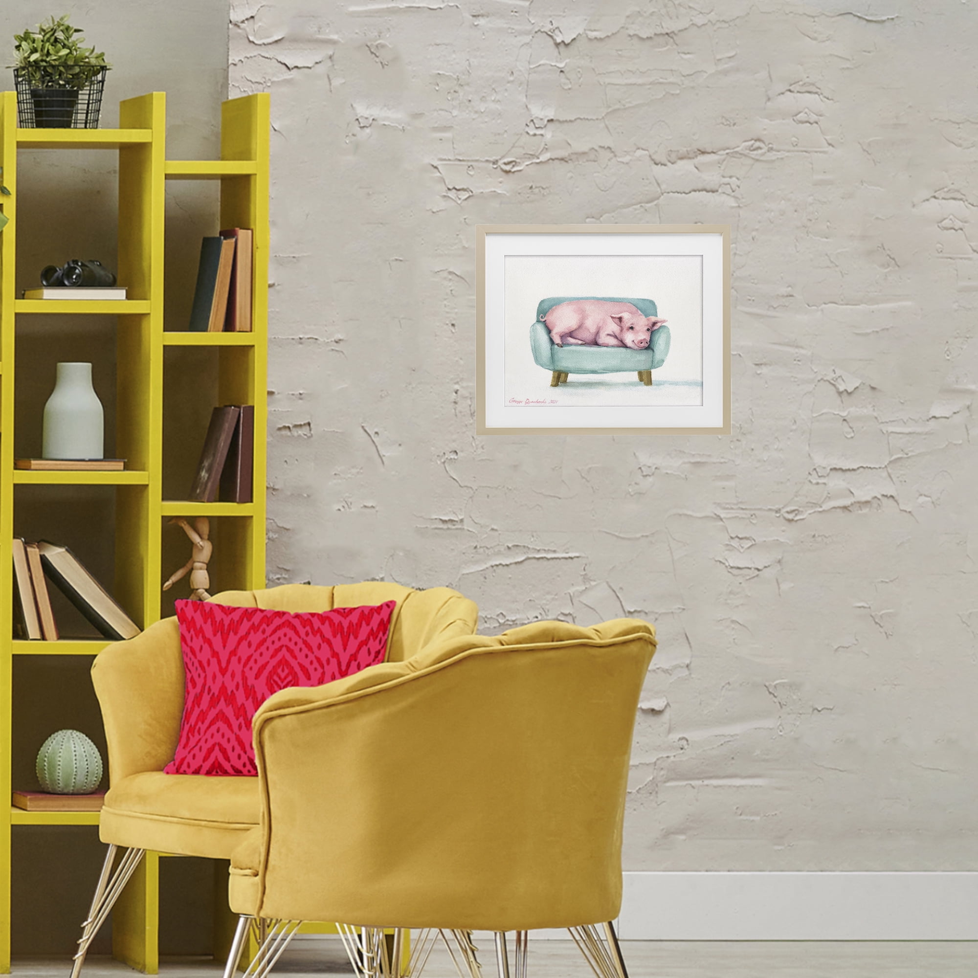 Stupell Industries Cute Piglet on Armchair Birch Framed Print Under Glass, design by George Dyachenko