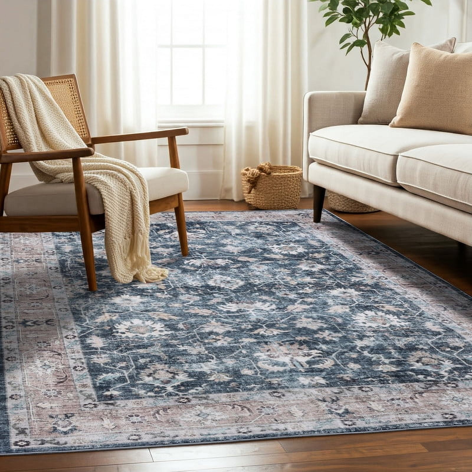 Delara 5'x7' Machine Washable Area Rug, Soft & Durable, Non-Slip, Stain Resistant, Midnight Garden, for Bedroom, Living & Dining Room
