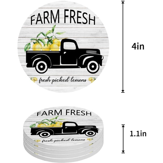 ZHANZZK Summer Farm Truck with Fresh Lemon Wooden Grain Set of 6 Round Coaster for Drinks, Absorbent Ceramic Stone Coasters Cup Mat with Cork Base for Home Kitchen Room Coffee Table Bar Decor