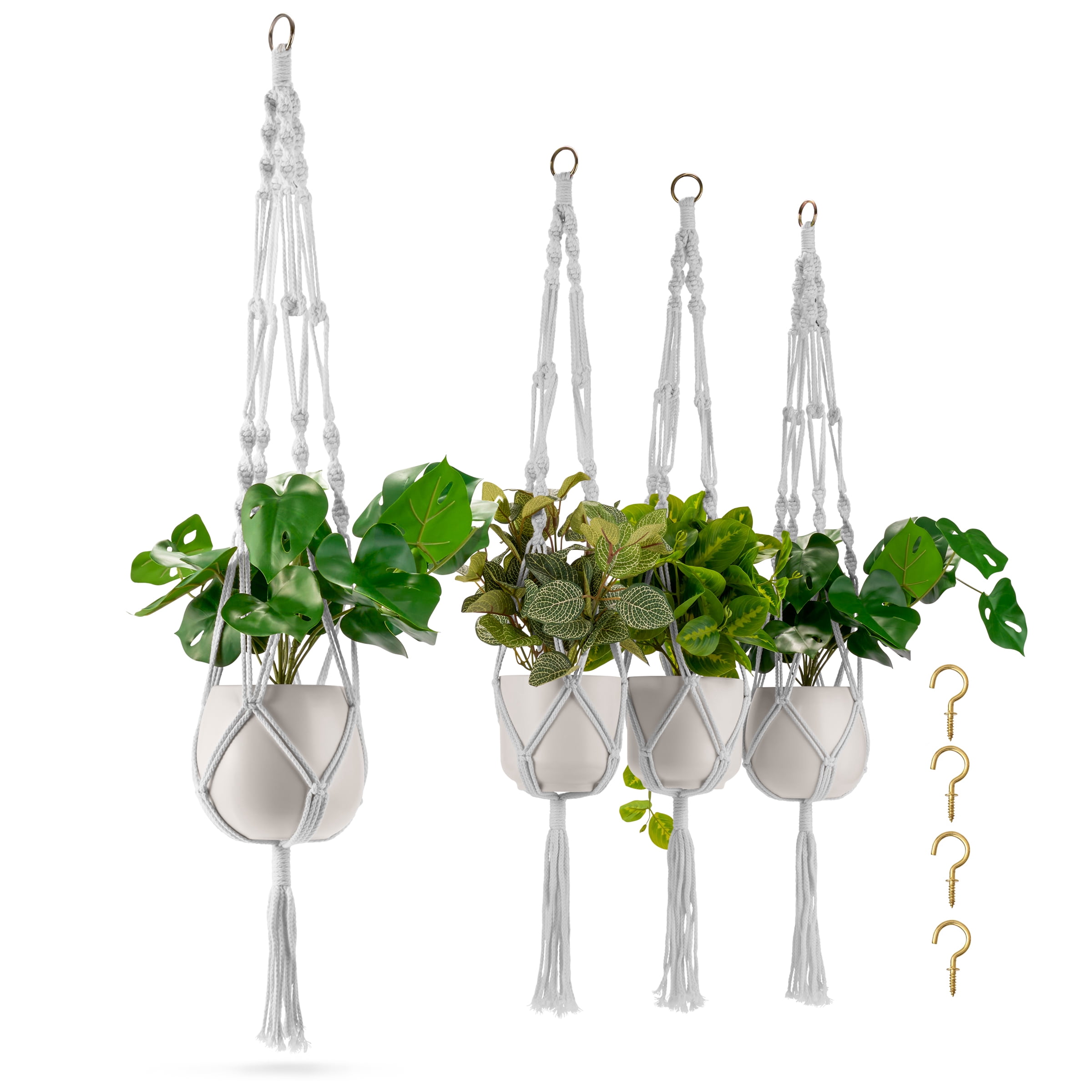 Sorbus Macrame Plant Hanger, 4 Pack, White Cotton Rope, Indoor/Outdoor Hanging Planter