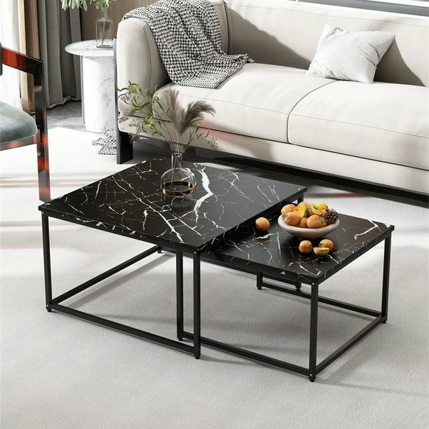 Square Nesting Coffee Table Set of 2, Modern Cocktail Table with Black