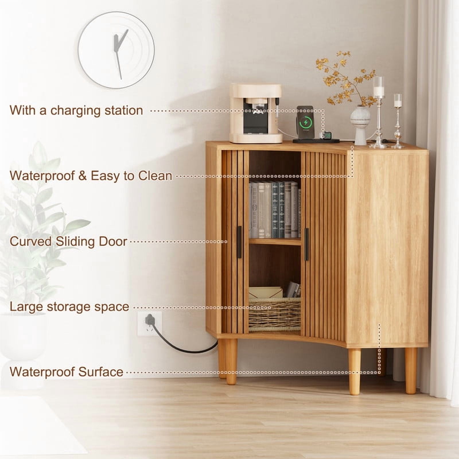 Fluted Corner Cabinet with Charging Station, Small Corner Floor Cabinet with Sliding Doors, Modern Wooden Freestanding Narrow Storage Organizer for Living Room, Small Space,Dining Room, Bathroom