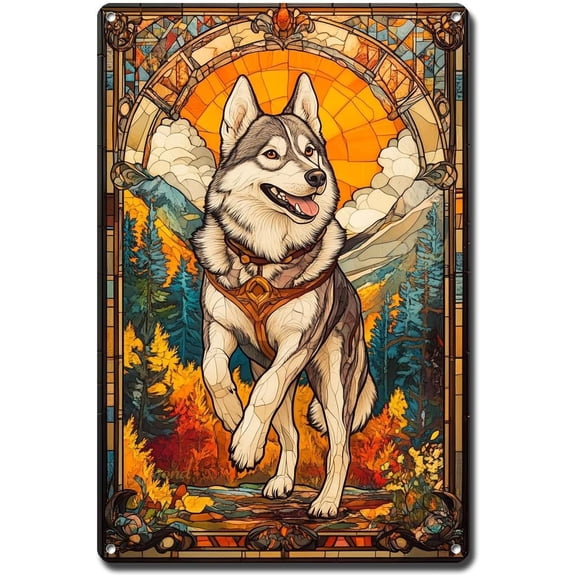 Metal Tin Sign Vintage Wall Art Decorative Gift Husky Dog Garden Run Artwork for Living Room Bar Cafe Decoration Easy Install Aluminum Material Decor Outdoor for Yard 8x12 Inch