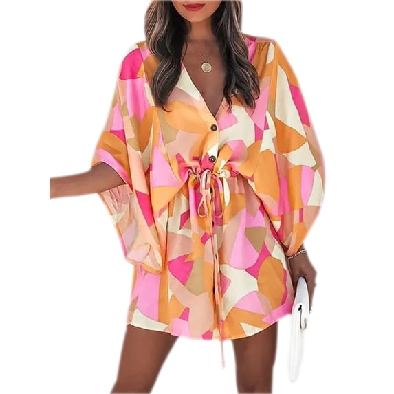 Liacowi Women Casual Plus Size Boho Dress Middle Sleeve V-Neck Floral Print Button Chest Elastic Waist One Piece Skirt