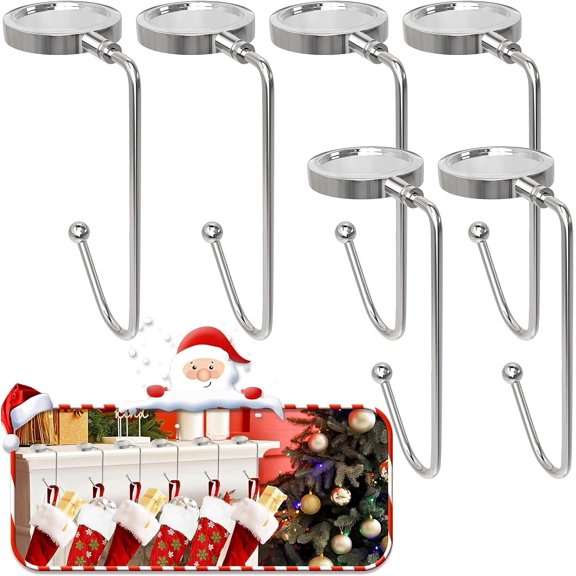 Christmas Mantle Stocking Holders Set of 6 - Upgrade Non-Slip Fireplace Hangers, Lightweight Metal Hooks for Christmas Party Decoration ( Silver)
