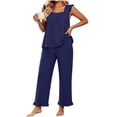 thumbnail image 5 of Elvqul Loose Fit Sleeveless Square Neck Knit Fabric Long Pants Ruffled Hem Side Pockets Pajama Set Sleepwear Loungewear Ruffled Hem Pjs Flutter Strap Pjs Ruffle Detail Pajamas, 5 of 5