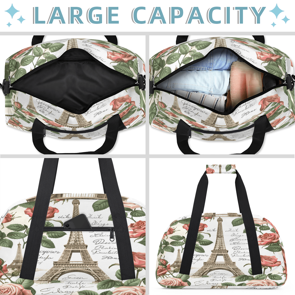 Herdesigns Paris Theme Sports Duffle Bag for Women & Men, Eiffel Tower Gym Bag Dance Bag Overnight Bag Carry On Weekender Travel Bag