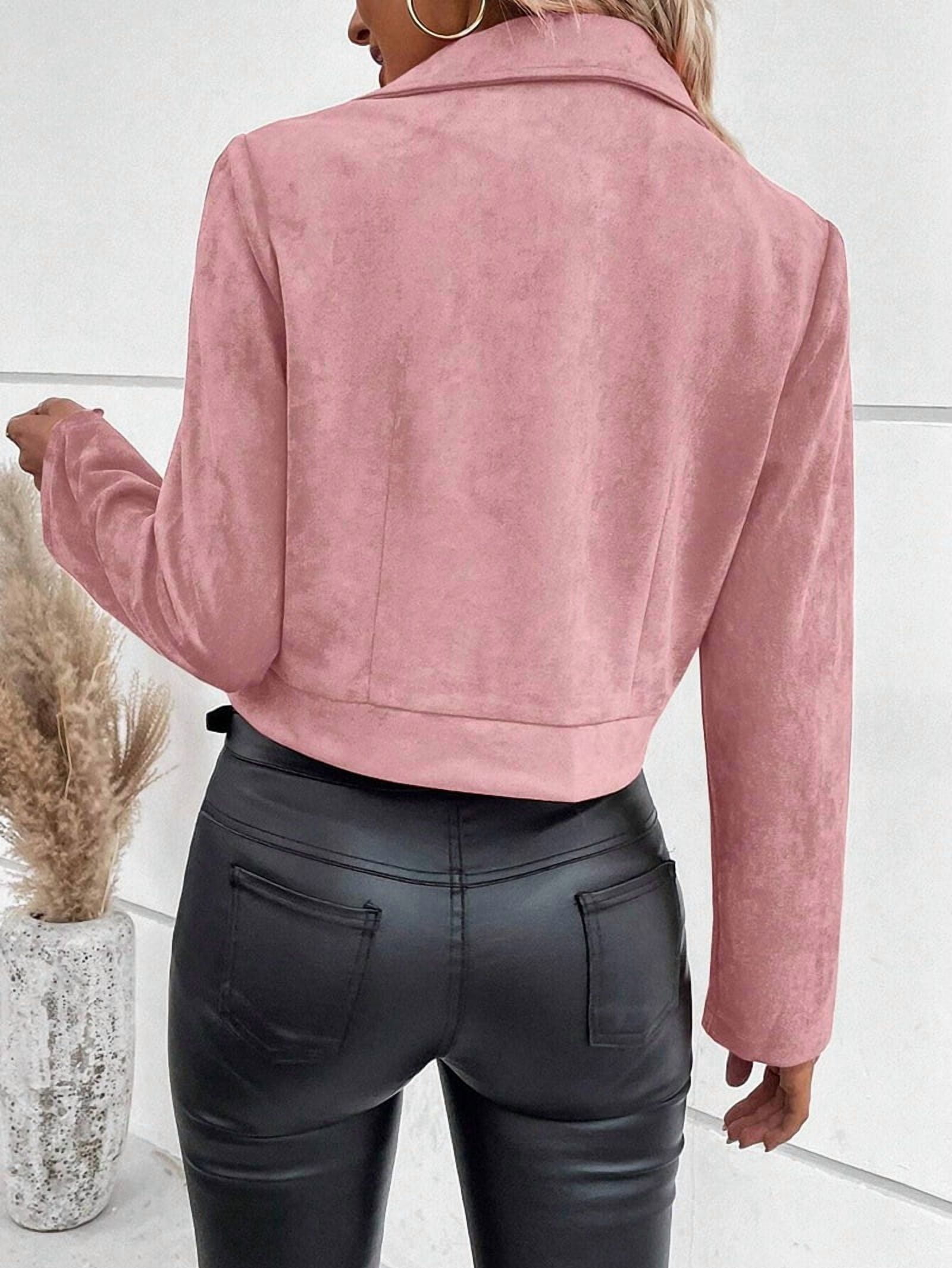 Women'S Cropped Zipper Long Sleeve Suede Faux Leather Blazer Jacket Autumn Fashion Outerwear Pink S
