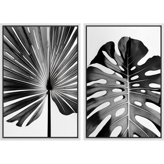 IDEA4WALL Framed Canvas Print Wall Art Set Tropical Leaf & Monstera Jungle Leaf Illustration Modern Art Decor Bohemian Nature Botanical Art for Living Room, Bedroom, Office - White 24"x36"x2