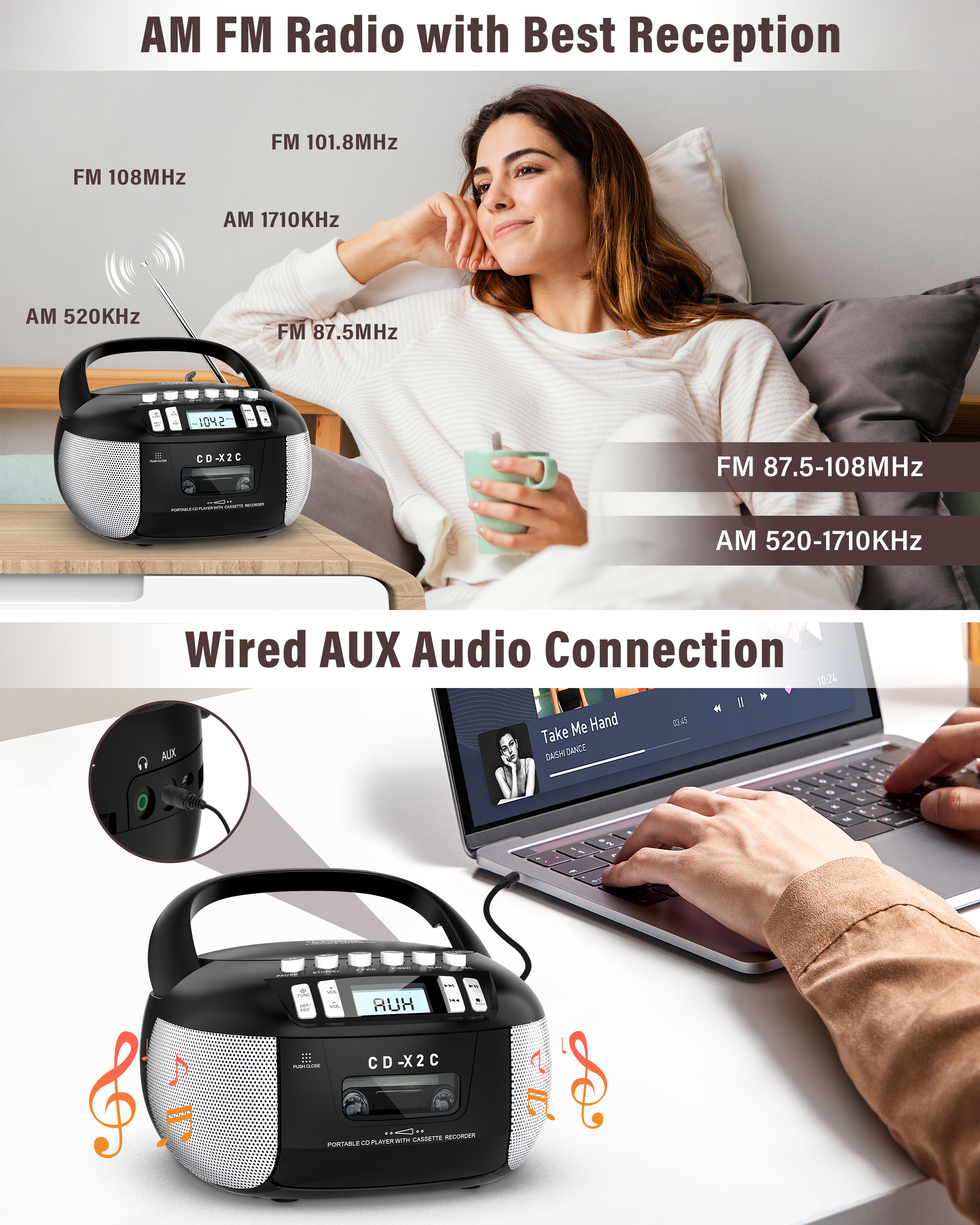 Jazmm Portable CD Cassette Boombox Player with AM/FM Radio photo 2