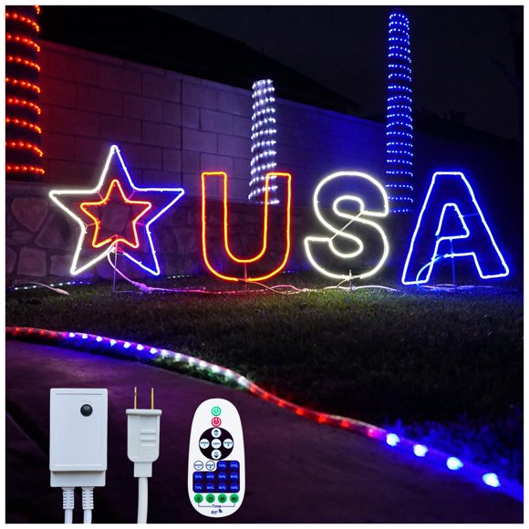 Russell Decor Patrioitc Yard Sign USA and Star Lights with 10-Levels of dimmable Light Remote Control for 4th of July (Red White Blue 72'' x 22'')