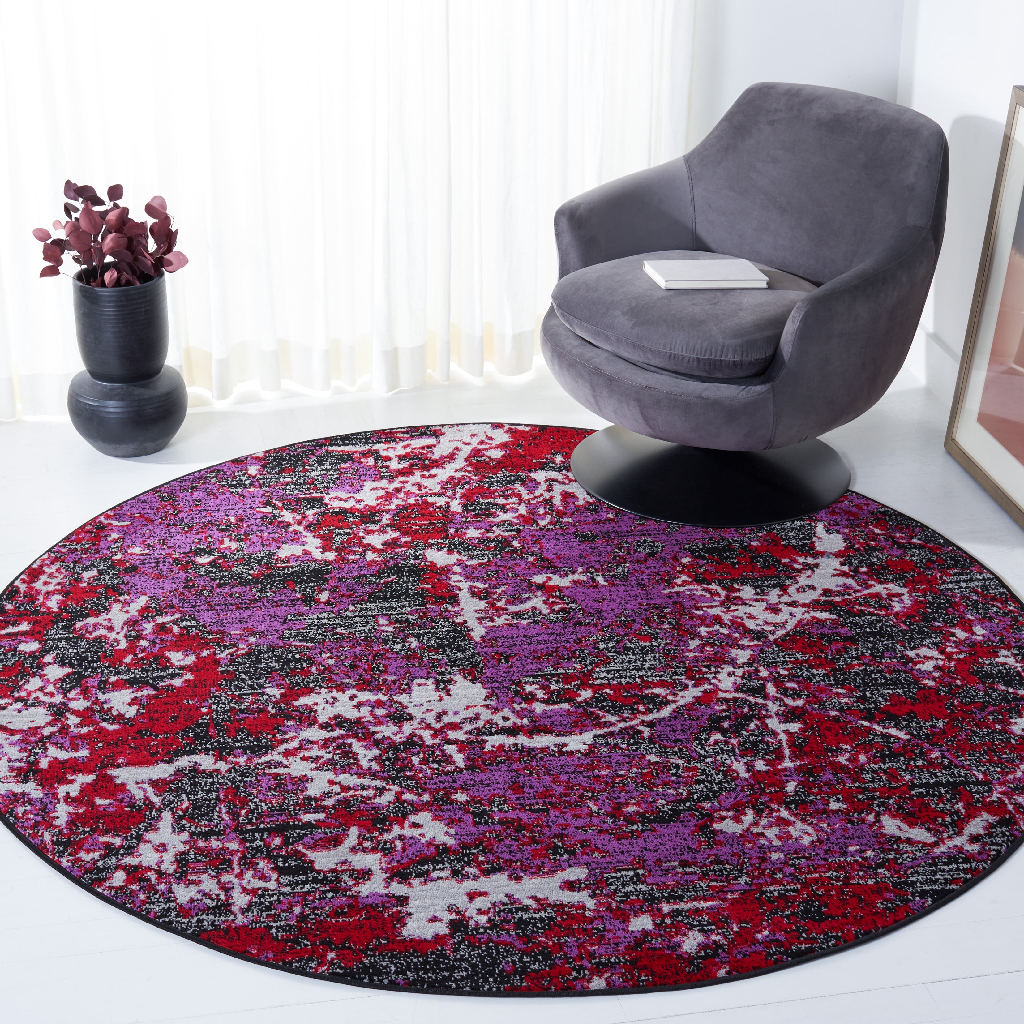 SAFAVIEH Skyler Joisse Distressed Area Rug, Black/Purple, 6'7" x 6'7" Round
