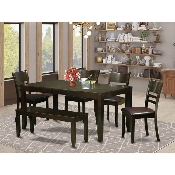East West Furniture 6 Piece Dining Set- A Rectangle Dining Table and 4 Kitchen Chairs with a Bench, Cappuccino (Seats Option) LYFD6-CAP-LC