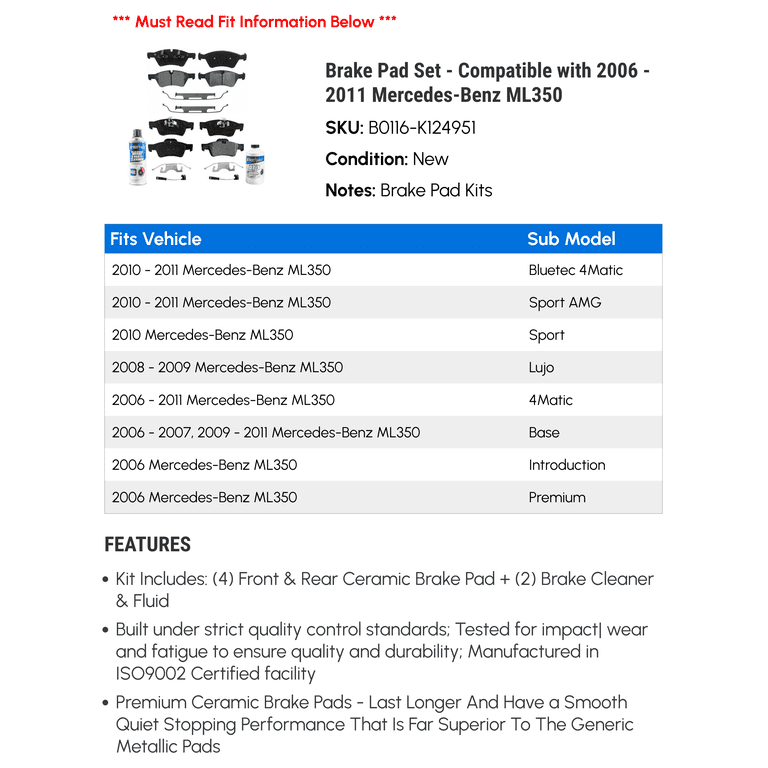 Auto Shack Ceramic Brake Pad Set – Front & Rear For 2006-2011 Mercedes-Benz ML350 And More
