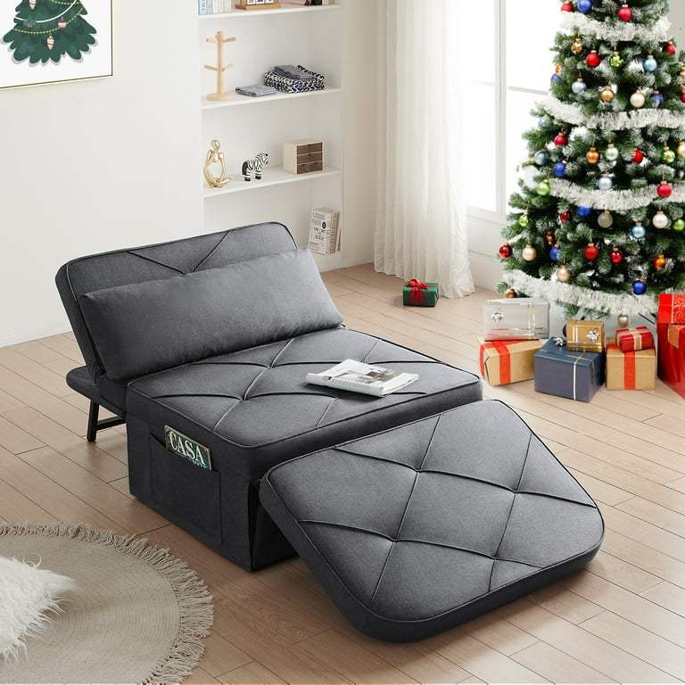 Vonanda Sofa Bed Plus Convertible Chair 5 in 1 Multi Function Folding Ottoman Modern Curved Linen Guest Bed with Lock in Feature for Apartment
