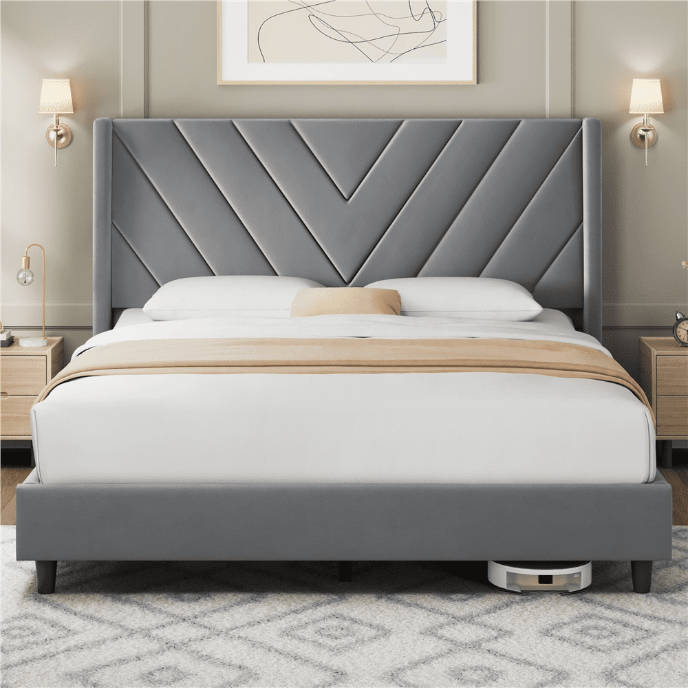 Fullfurnique Upholstered Platform Bed Frame with Wooden Slat Support, Full, Light Gray
