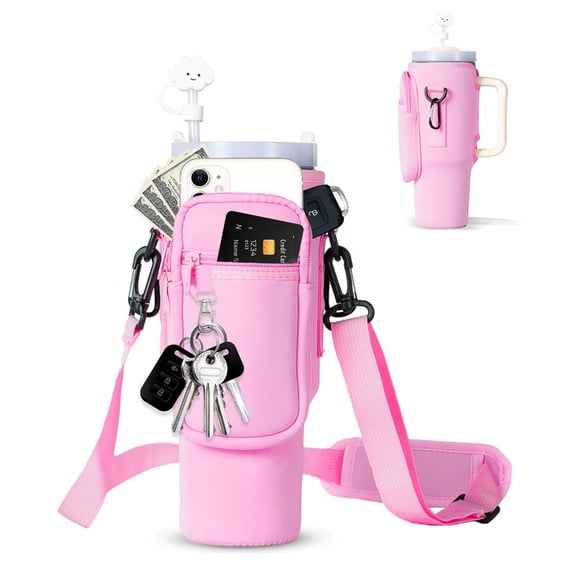 Cysiyu Water Bottle Carrier Bag with Phone Pocket for Stanley 43oz Tumbler Neoprene Water Bottle Holder Pouch with Adjustable Strap Bollus with Straw Cover & Carabiner for Stanley Cup Accessories