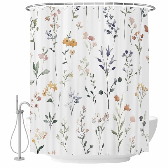Watercolor Wildflowers Shower Curtain Set - 48" x 72" Washable Bathtub Curtain with 12 Hooks, Spring Pastoral Botanical Waterproof Fabric Stall Shower Curtains for Bathroom/Bathtub Décor