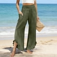 thumbnail image 5 of LNWUY Linen Pants Women Smocked High Waisted Wide Leg Cropped Pants with Pockets Cute Ruffle Boho Flowy Beach Pants Green M, 5 of 5