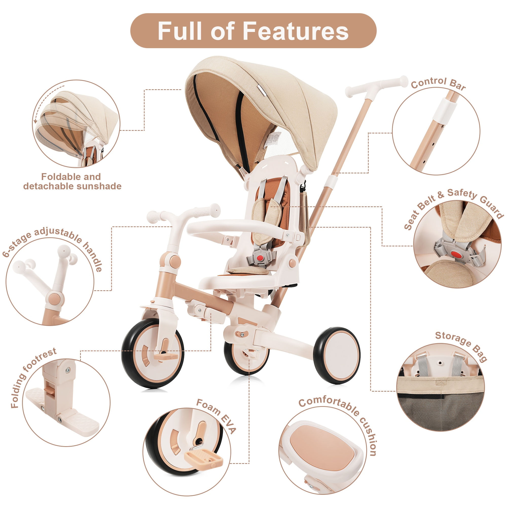 7-in-1 Baby Tricycle 1-6 Years Aluminum Frame with Canopy Push Handle 5-Point Harness for Kids Outdoor Ride