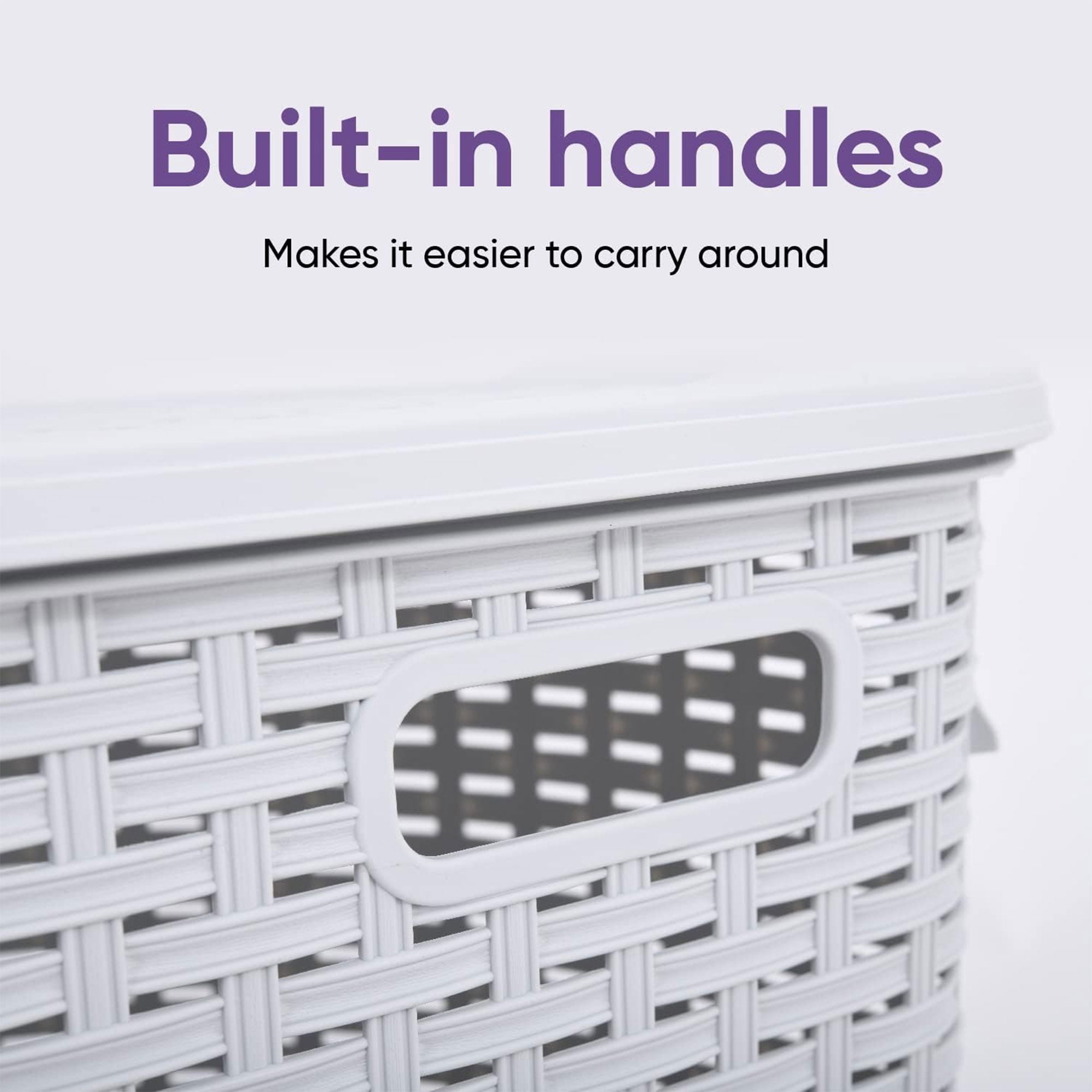 Superio 50L Wicker Plastic Corner Laundry Hamper with Lid - White Smoke