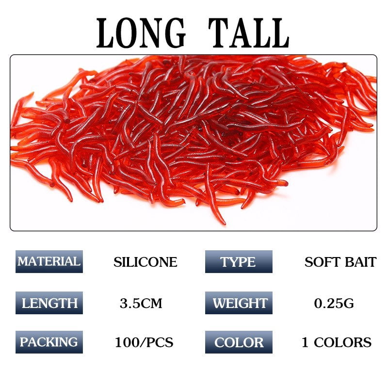 100 PC 35mm 0.26g Artificial Red worm Soft bait With Sea Fishing Lures RED