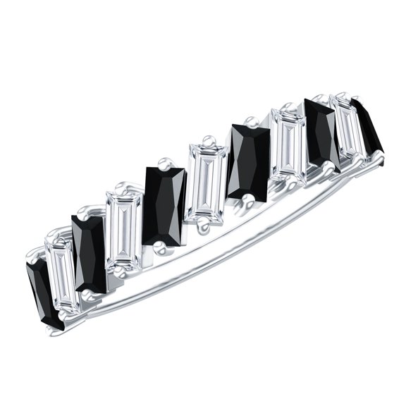 Rosec Jewels Natural Black Onyx Half Eternity Ring with Moissanite for Women - AAA Quality, 925 Sterling Silver, US 4.00