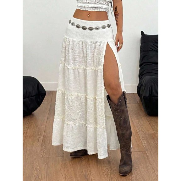 Beige Tiered Lace Maxi Skirt With Side Slit And Embellished Waistband