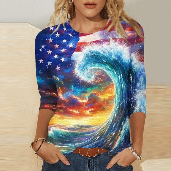 Cavosen Red White and Blue Shirts for Women Independence Day 3/4 Sleeve Crewneck T Shirts USA Star Striped Graphic Tops Lady XL 4th of July Casual T Shirts Red White and Blue Tunic Tees