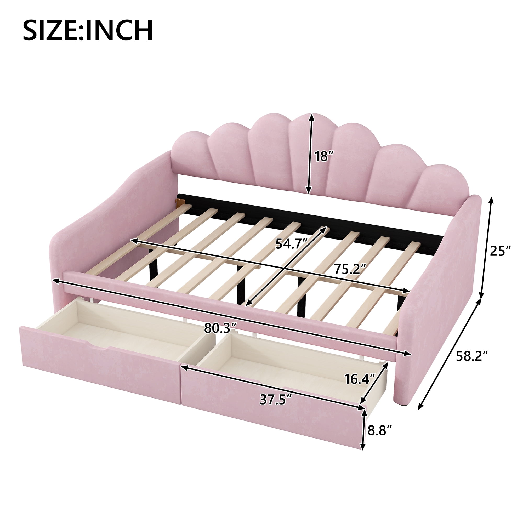 EUROCO Upholstery Full Size Platform Bed, Upholstered Daybed with Headboard and Drawers, Pink