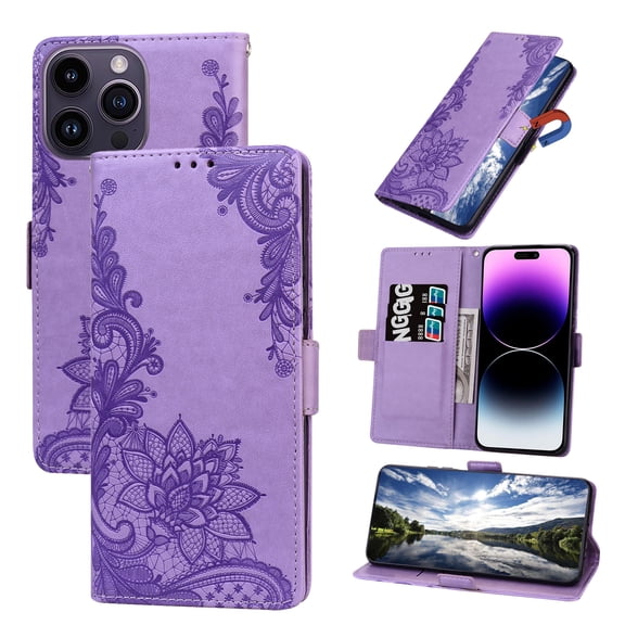 TECH CIRCLE For iPhone 6s Plus/6 Plus Wallet Case,PU Leather Protective Phone Case Wrist Strap Card Slots Holder Embossed Lace Flower Stand Flip Case for Apple iPhone 6s Plus/6 Plus 5.5",Purple