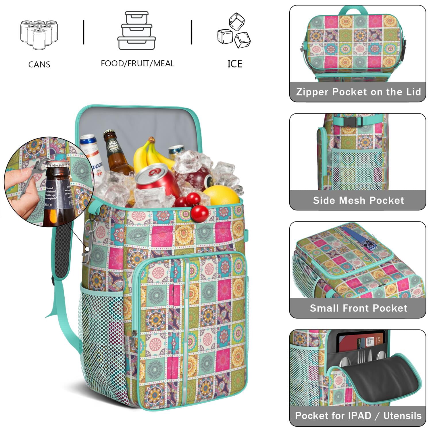 Travel Cooler Bag - Boho Bohemia Flower Camping Beer Cooler Backpack with Bottle Opener- Waterproof Insulated Picnic Backpacks - Cooler Bag for Beach