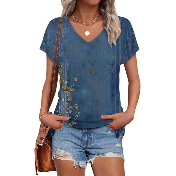 Tnhcen Blouses d'Été pour Femmes Col en V Imprimé Coupe Ample / Polyester Spandex Mélange Hauts de Vacances P-2TG / Vêtements de Maison Décontractés Essentiels