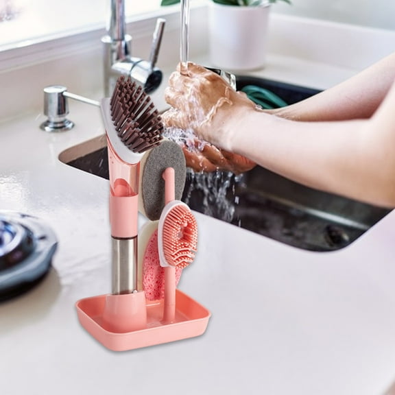 Vxdvou 4-in-1 Dishwashing Brush, Multi-Head Kitchen Cleaning Brush Set, Includes 4 Interchangeable Brush Heads and Base, Comfortable Handle, Gray/Green/Blue/Pink