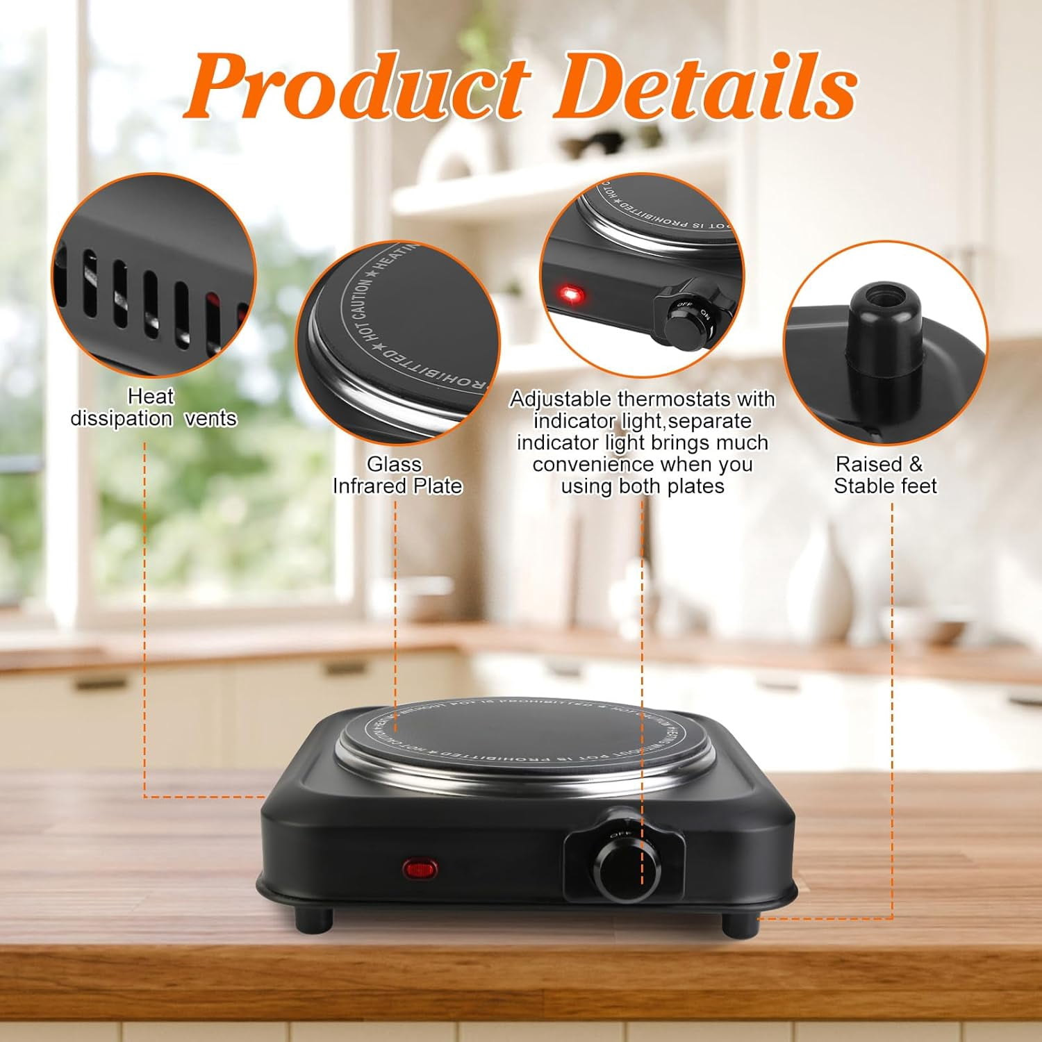 Hot Plates for Countertop, Battery Powered Hot Plate, Electric Hot Plate, 1200w Electric Infrared Single Burner,  Portable Counter Single Stove with 7.5” Glass Cooktop